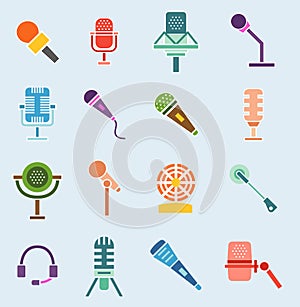 Different microphones vector icons interview music studio web broadcasting