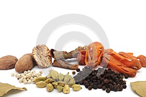 Different mix of aromatic spices isolated in white background. Composition with copy space.