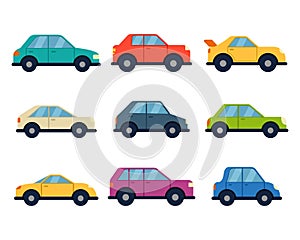 Different models cars set in flat style side view. Vehicle collection. Car silhouettes. Transportation symbol. Vector