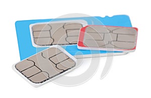 Different modern SIM cards on white background