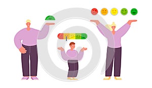 Different mood. Positive negative moods, people with emotions symbols. Happy man, sad boy and neutral woman with scale