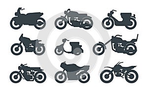 Different motorized vehicles black glyph icons set