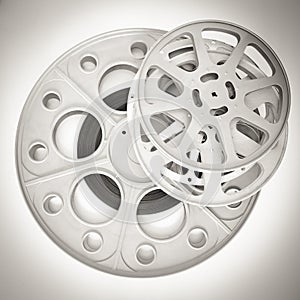 Different movie reels with 35mm film in black and white