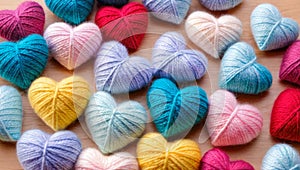 different multicolored knitted hearts on wooden background. Love and kindness, care and tenderness, comfort and inclusiveness