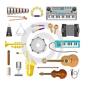 Different music instruments vector musical guitar violin and sound classical concert trumpet collection entertainment