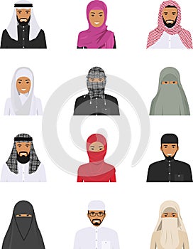 Different muslim arab people characters avatars icons set in flat style isolated on white background. Differences