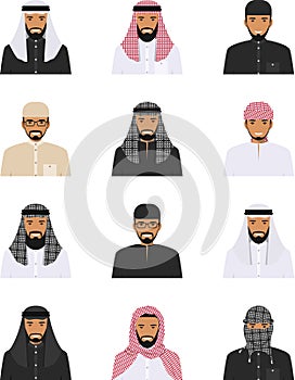 Different muslim arab people characters avatars icons set in flat style on white background. Differences