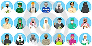 Different muslim Middle East people professions occupation characters avatars icons set in flat style isolated on blue