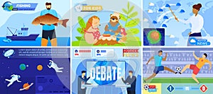 Different news channels, stream internet media broadcasting, background different frames on screen, cartoon, vector