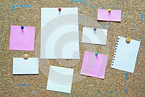 Different notes on old cork board. Copy space