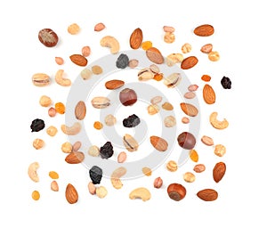 Different nuts and dried berries on white background, top view