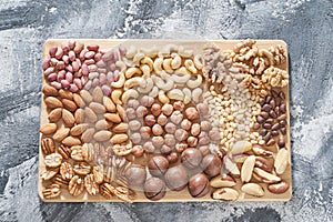 Different nuts. Home kitchen. Protein and fat food