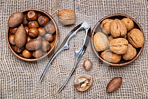 Different nuts and nutcracker close up. View from above