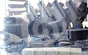 Different objects from powder plastic printed on 3D printer Multi Jet Fusion MJF