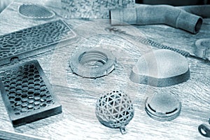 Different objects printed on industrial powder 3D printer. Multi Jet Fusion MJF