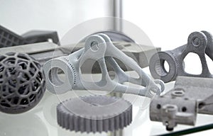 Different objects printed on industrial powder 3D printer. Multi Jet Fusion