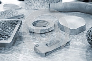 Different objects printed on industrial powder 3D printer. Multi Jet Fusion