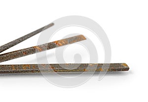 Different old rasp tool and equipment isolated on a white background