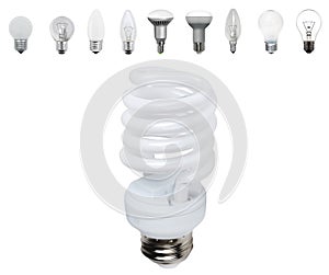 Different old types of bulbs and modern light-bulb