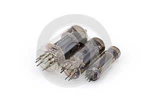 Different old vacuum tubes on a white background