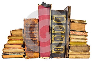 Different old worn books isolated on white