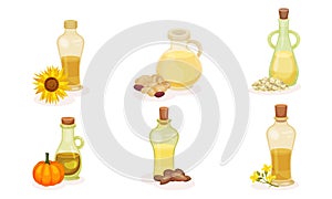 Different Organic Oils Poured in Glass Jars with Bottle Cap Vector Set