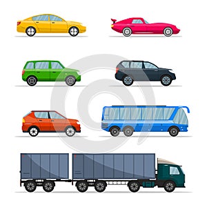 Different passenger car . Urban, city cars and vehicles transport flat icons set. Retro car icon set