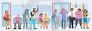 Different passengers inside crowded subway train illustration