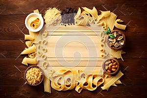 different pasta on a light wooden white biege background with space in the middle