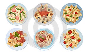 Different Pasta Served on Plate Top View Vector Set