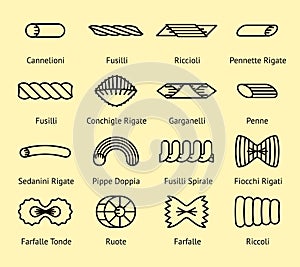 Different pasta types vector line icons set photo