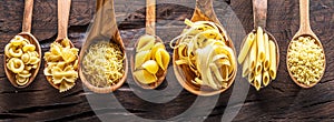 Different pasta types in wooden spoons on the table. Top view.