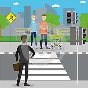 Different pedestrians in a crosswalk