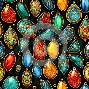 Different Pendants Seamless Pattern, Color Bijouterie Made of Epoxy Resin and Wood Top View