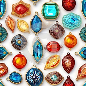 Different Pendants Seamless Pattern, Color Bijouterie Made of Epoxy Resin and Wood Top View