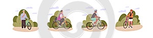 Different people cycling set. Happy cyclists ride bicycle outdoor. Diverse bicyclists drive bike. Various characters