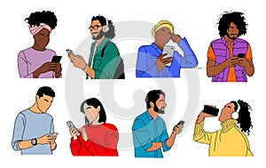 Different People holding, using mobile phones set.