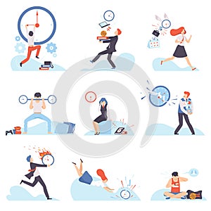 Different people are late and in a hurry. Vector illustration.