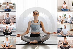 Different People Practicing Yoga At Home Via Web Conference On Computer, Screenshot