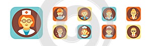 Different People Profession Icon with Square Avatar Picture Vector Set