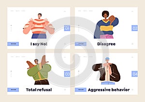 Different people showing disagree and rejection signs set design template for landing page