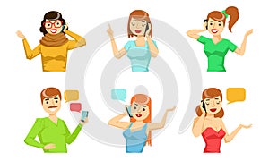 Different People Talking on Smartphones with Speech Bubbles Set, Cheerful Young Men and Women Characters Calling by Cell