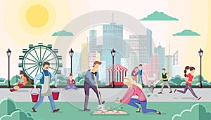 Different people walking in the park. Urban city landscape. Flat style vector illustration