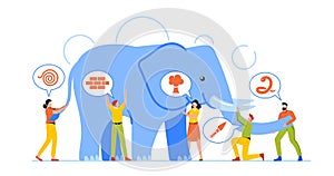 Different Perceptions Concept. Blindfolded Business People Touching Elephant Body Parts Blind Characters Idea, Viewpoint