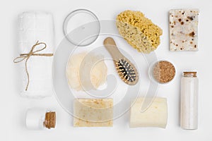 Different personal hygiene objects isolated on white background, top view
