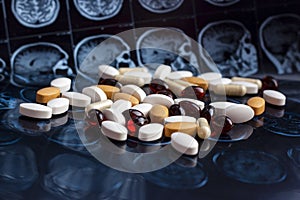 Different pharmaceutical medicine pills on magnetic brain resonance scan mri background. Pharmacy theme, health care