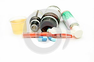 Different pharmacological preparations - tablets, syringes, syrup and pills