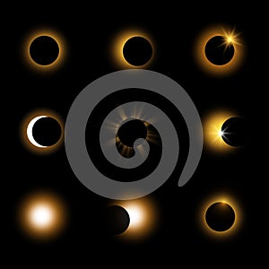 Different phases of solar and lunar eclipses.