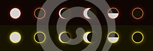 Different phases of solar and lunar eclipses. On a black background.