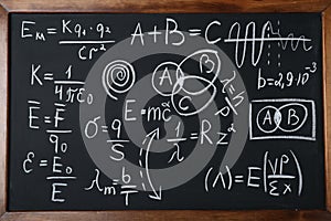 Different physical formulas written with chalk on blackboard